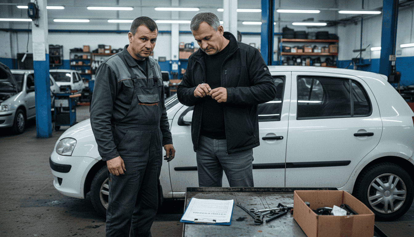 Clientul stă de vorbă cu mecanicul despre problemele mașinii la atelier.