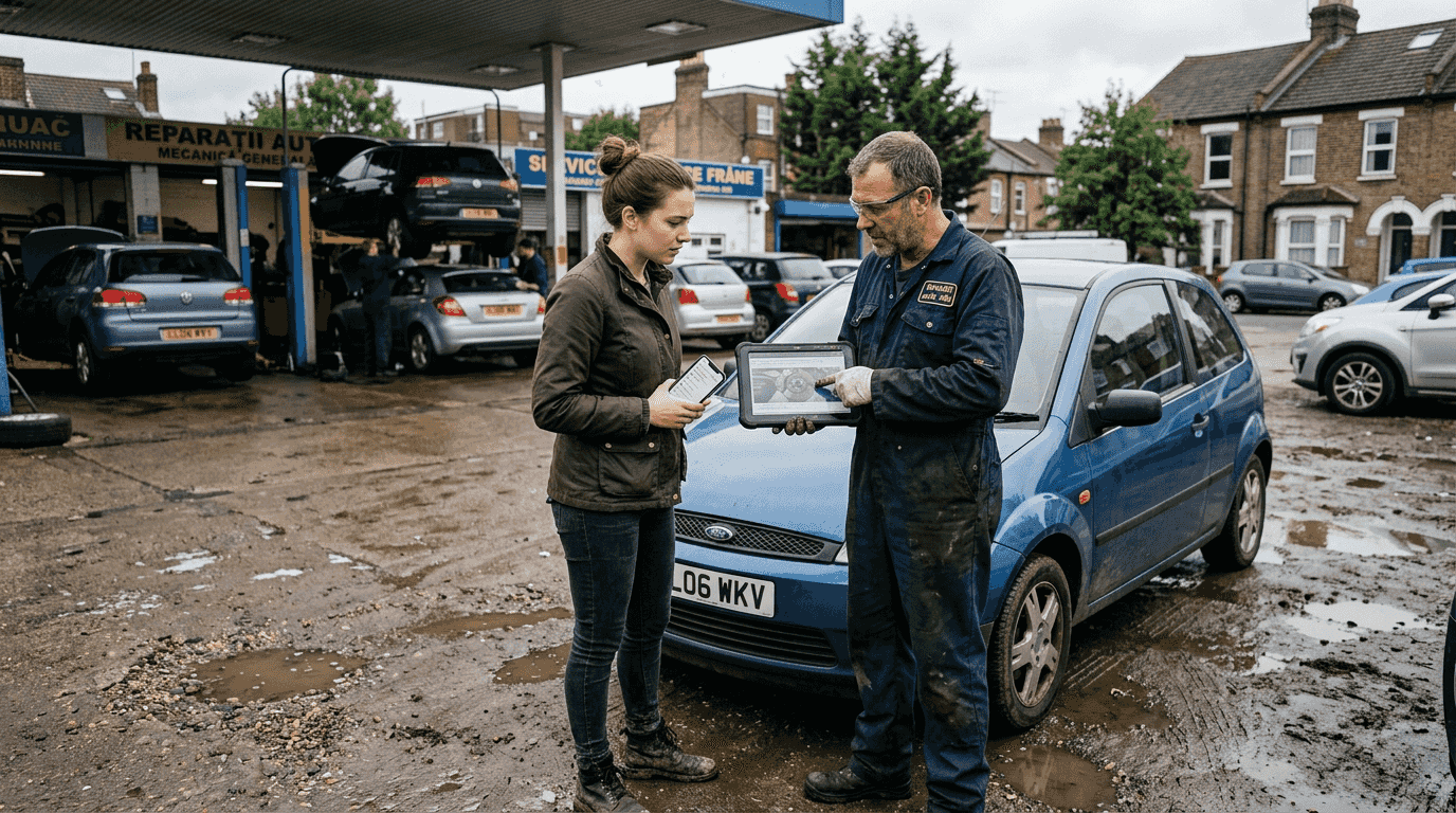O clientă discută cu mecanicul și primește lămuriri despre reparațiile mașinii la un service auto din Londra.