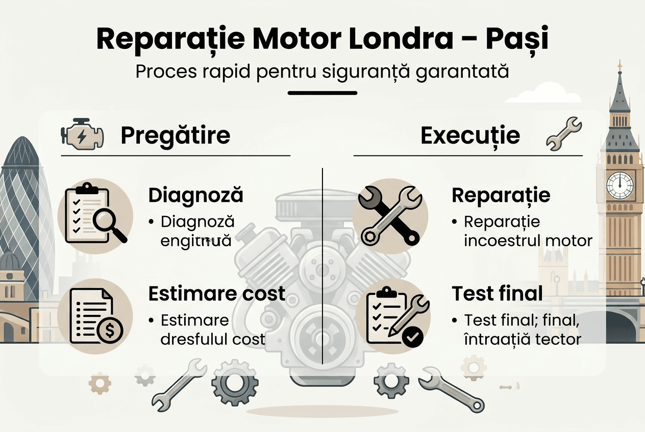 Infografic: Etapele reparației unui motor auto în Londra