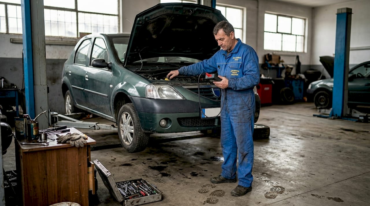 Un mecanic verifică autoturismul cu ajutorul unui tester de diagnoză în service.