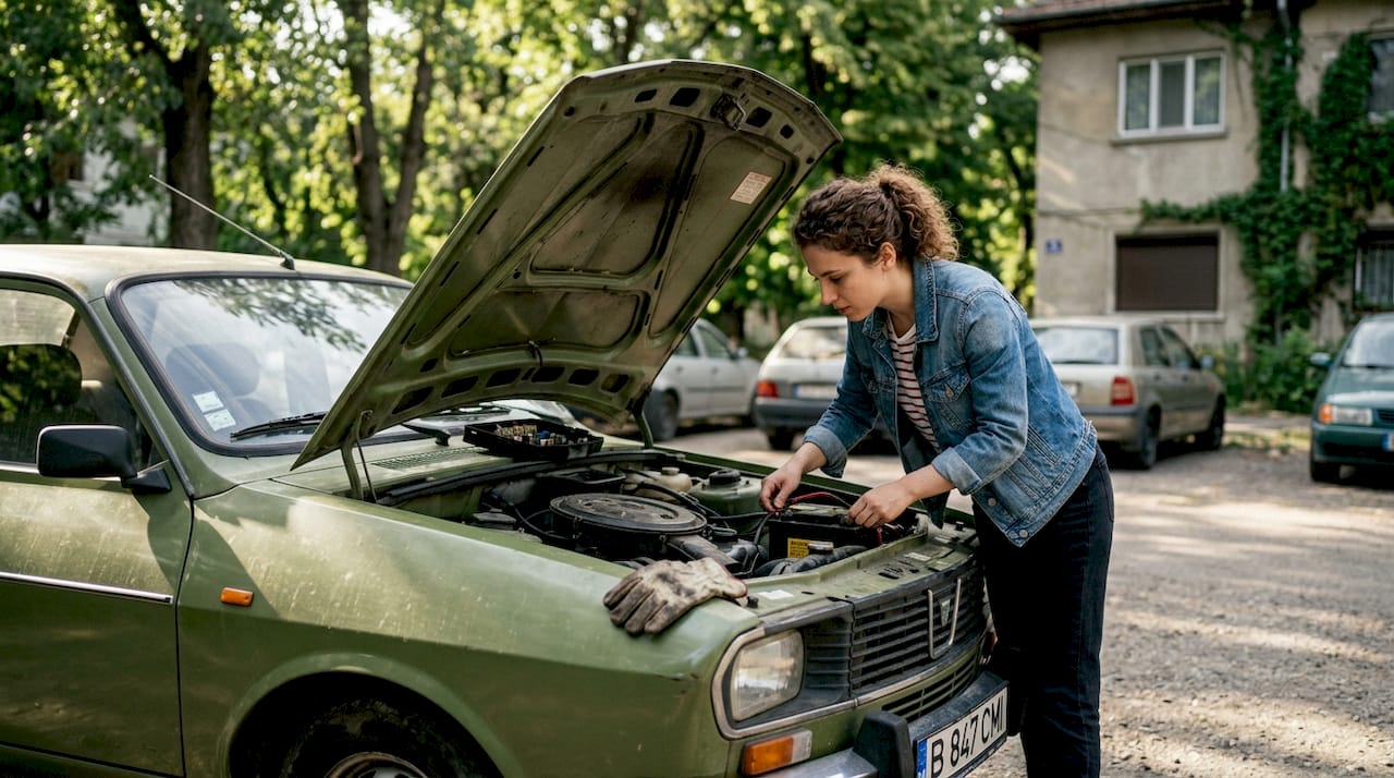 Un șofer inspectează motorul mașinii, asigurându-se că toate piesele funcționează corect.