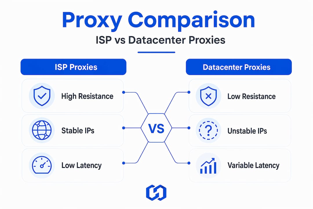 Infographic comparing ISP and datacenter proxies