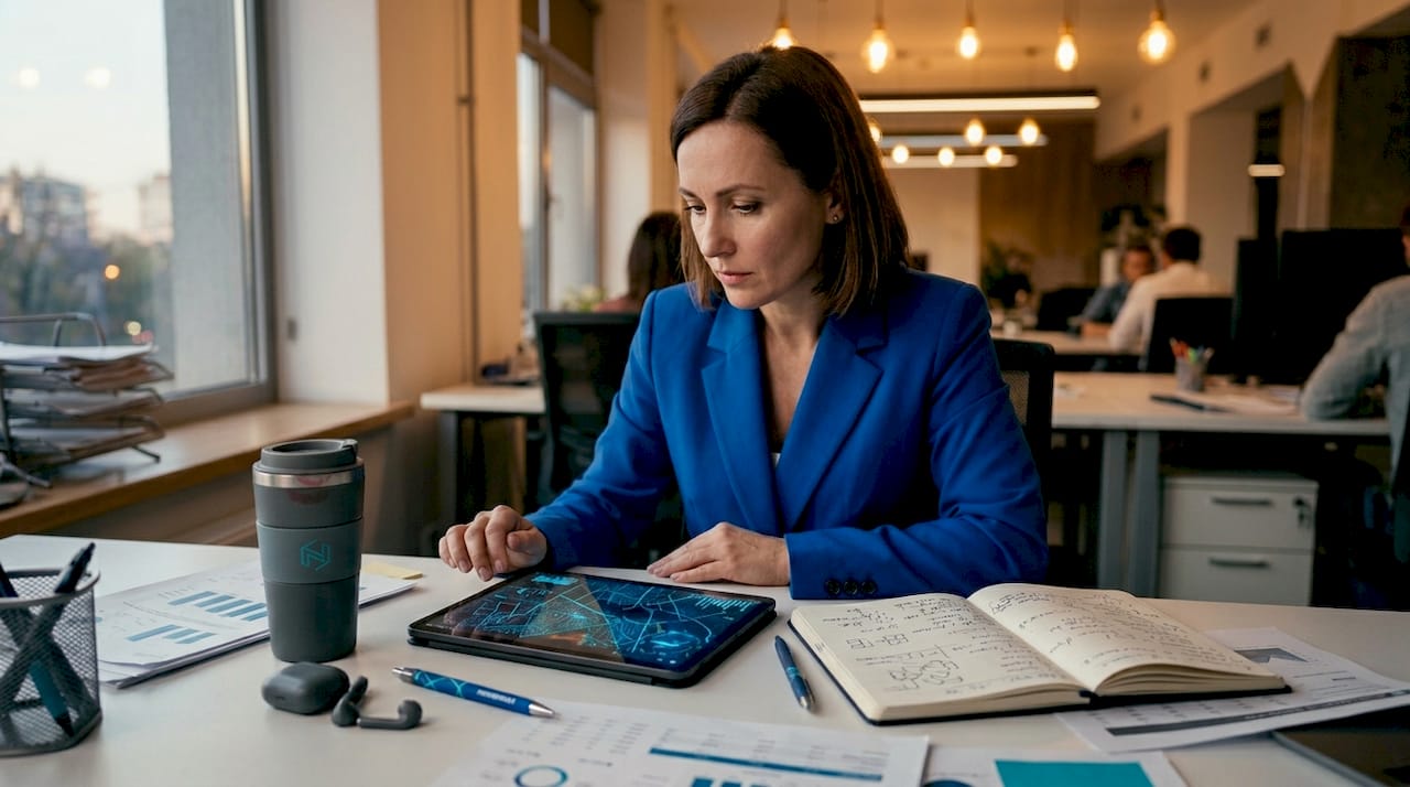 Researcher analyzing data on tablet in coworking space