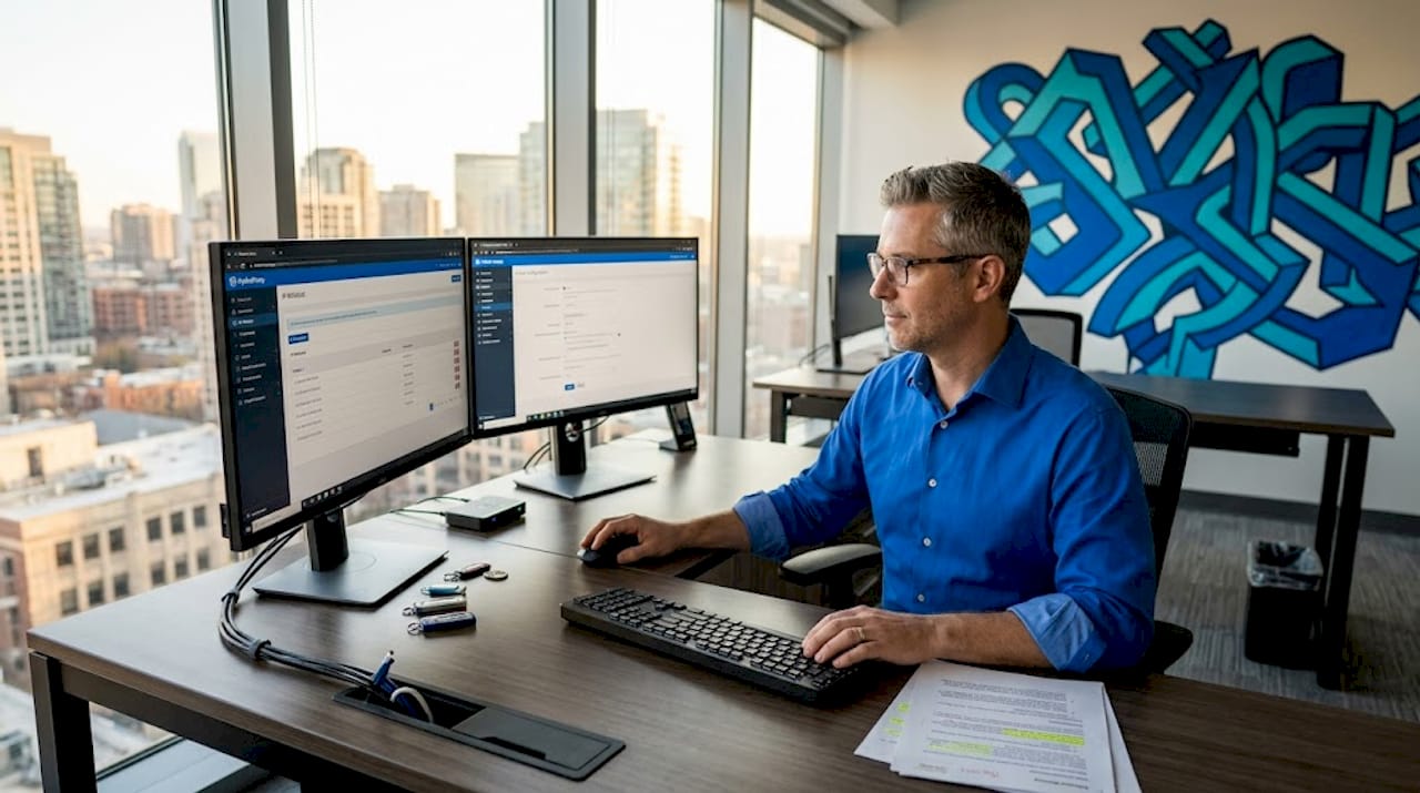 IT manager configuring proxy settings at workstation