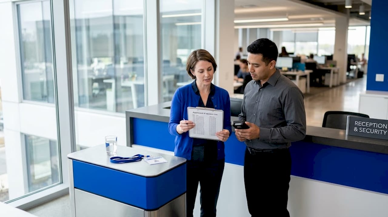 Network engineer reviewing IP approval list at security checkpoint
