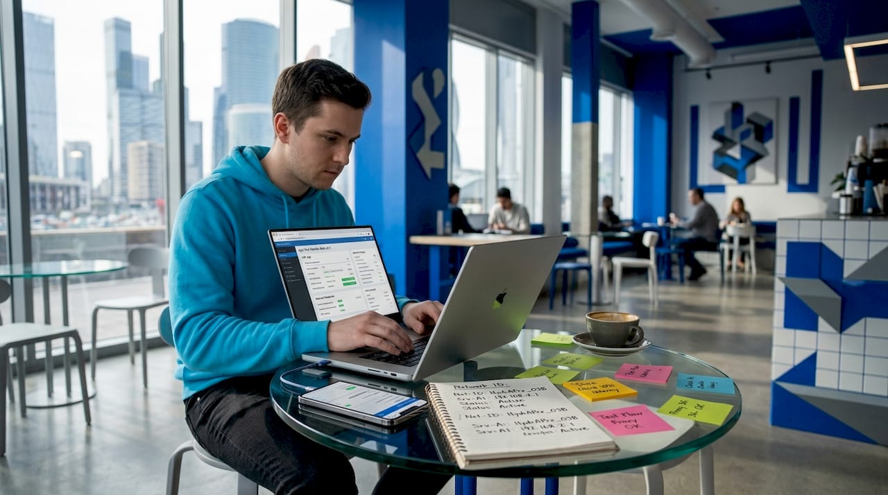 Tester reviewing app results with laptop and phone