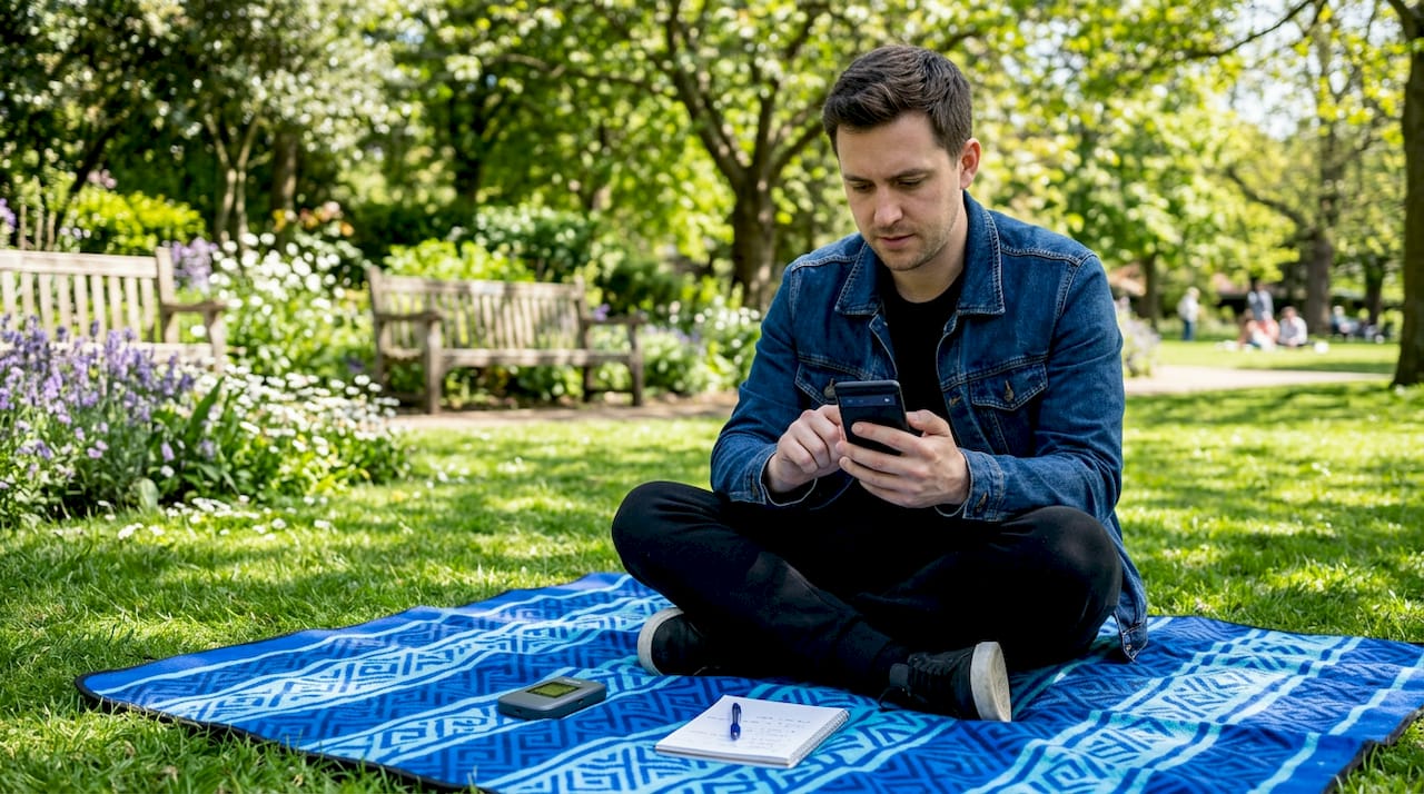 QA analyst testing app outdoors with devices