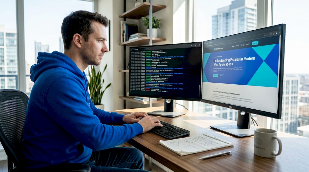 Developer typing at dual-monitor desk with proxy logs