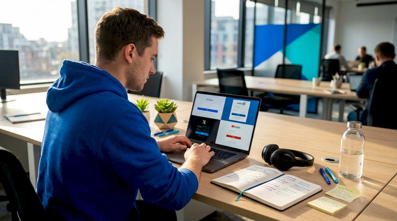 Analyst managing account workflow on laptop