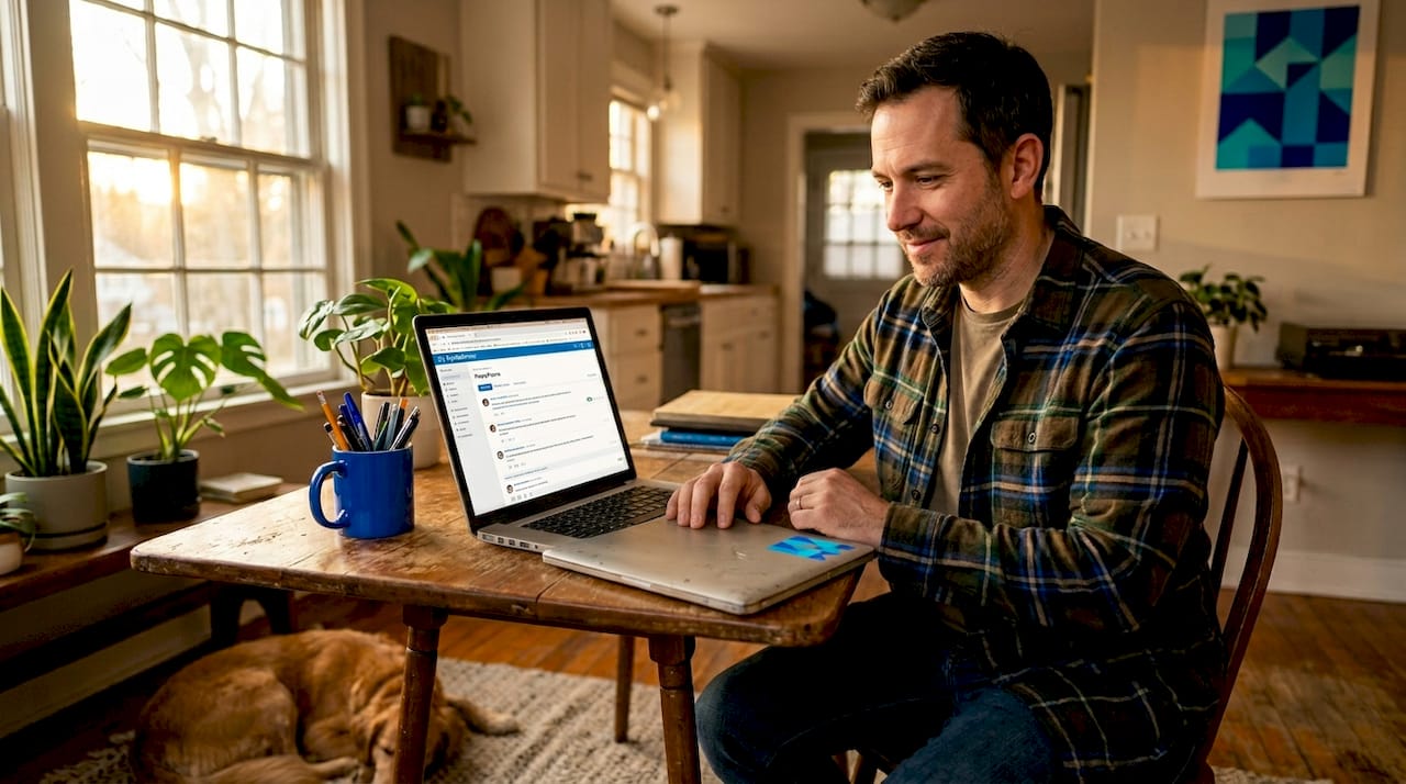 Person researching proxies at kitchen table