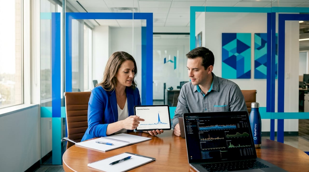 Team members discuss network anomaly detection