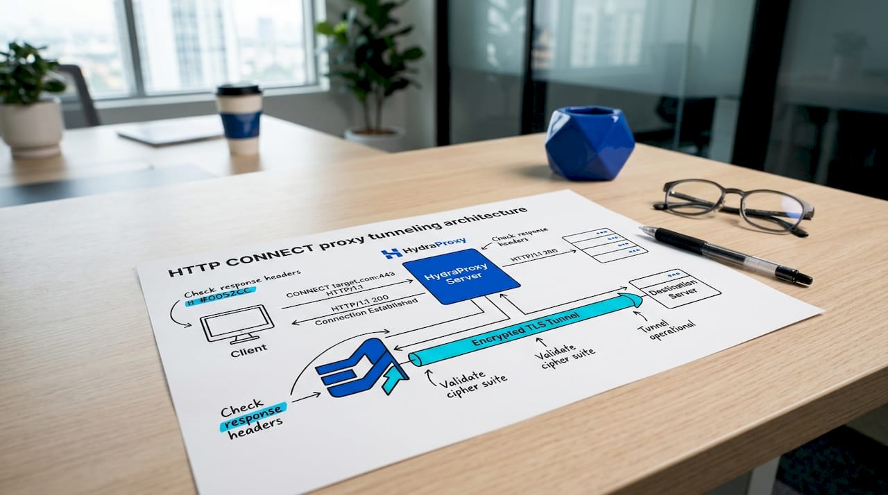 Printed HTTP CONNECT proxy tunneling diagram pinned on board