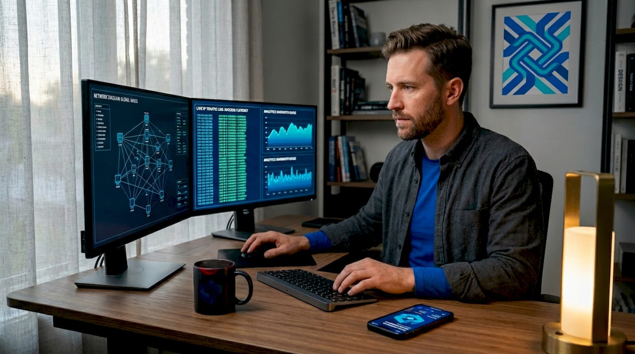 Man working on proxy networks in home office