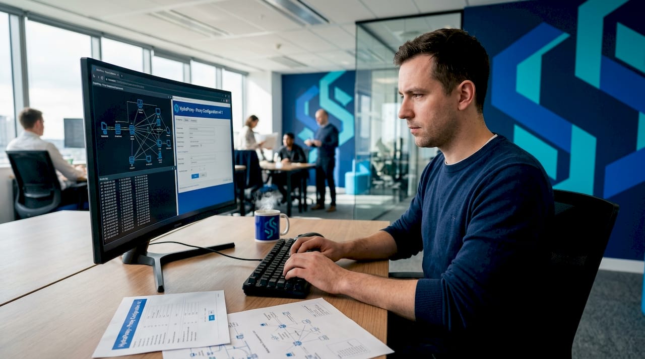 IT specialist configuring proxy settings at desk