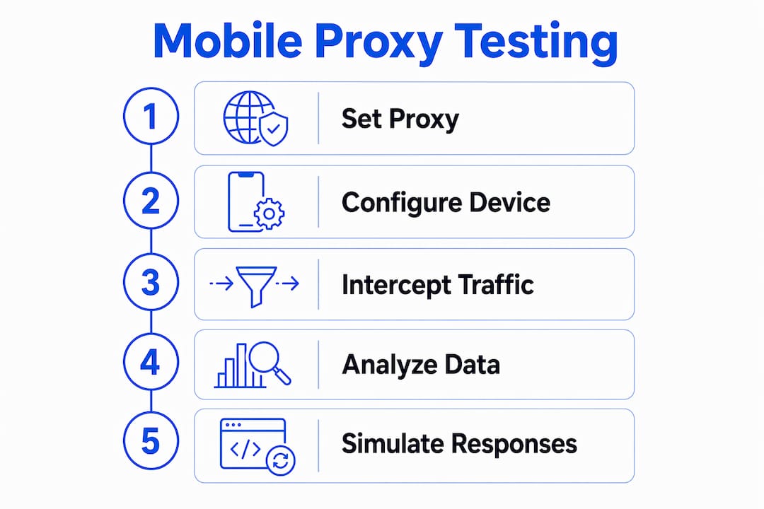 Infographic illustrating steps of mobile proxy testing process