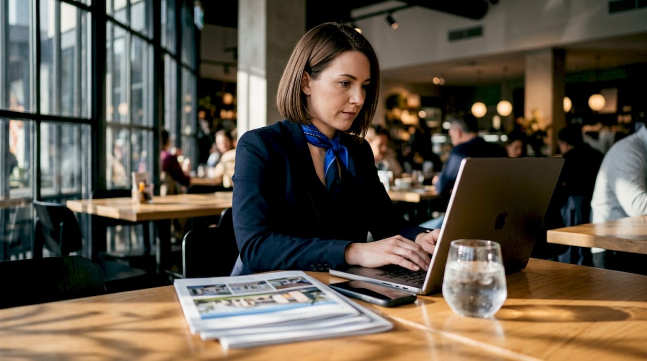 Woman researching real estate listings on laptop