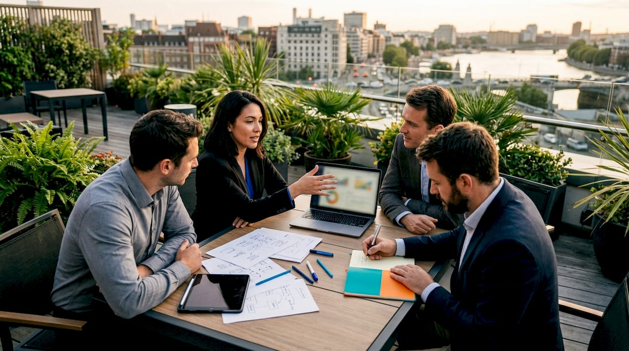 Team discussing proxy types at conference table