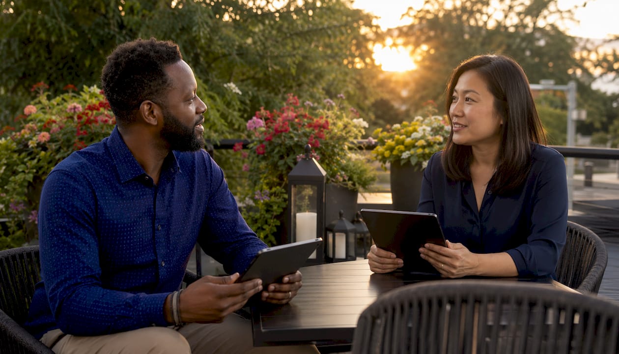 Two professionals discussing property care in residence