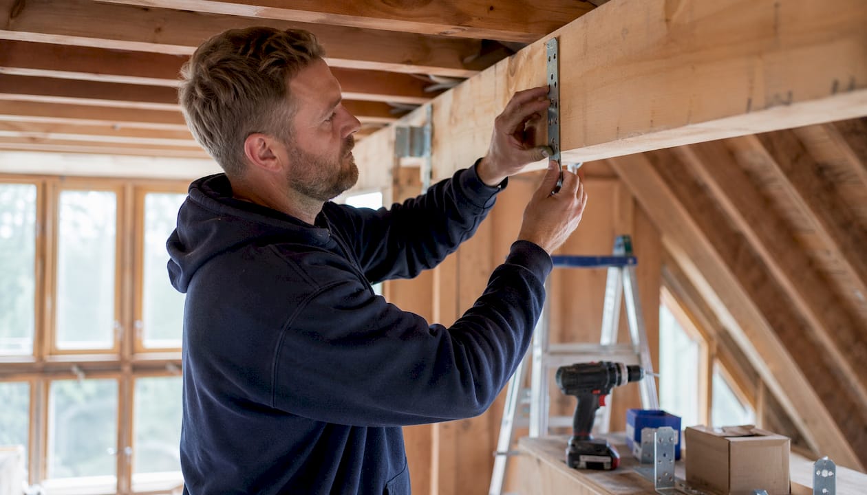 Contractor installing hurricane straps on home roof