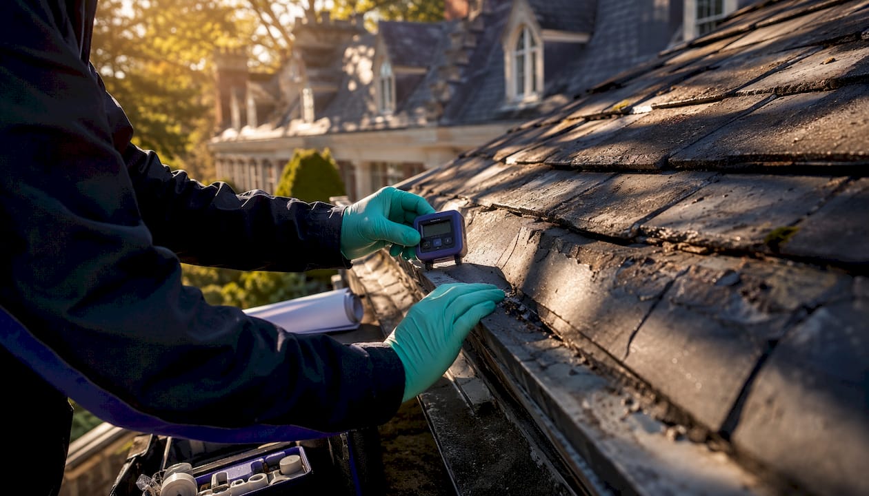 Inspector examining roof flashing with moisture meter