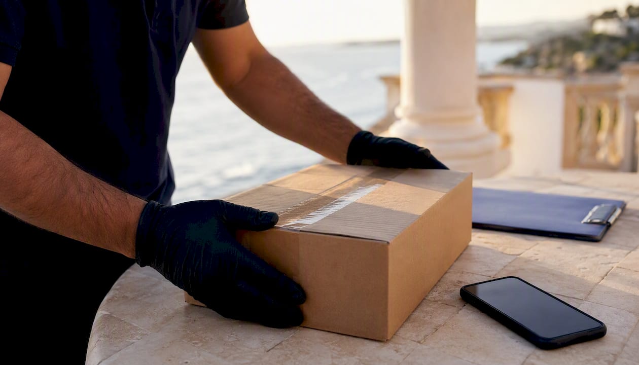 Estate manager securing package at entryway