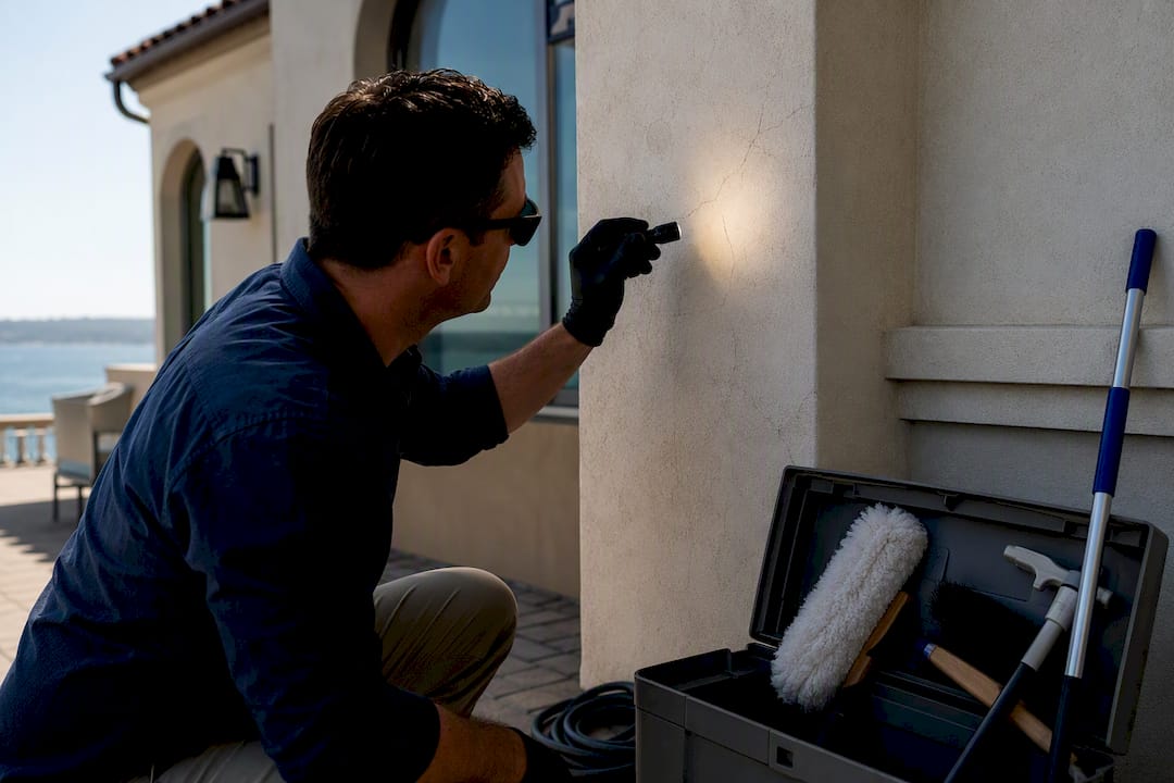 Hand inspecting hairline cracks in stucco with flashlight