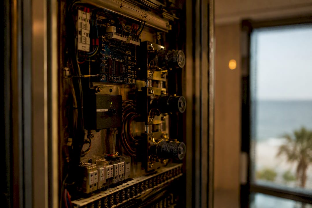 Close-up of aging elevator control panel