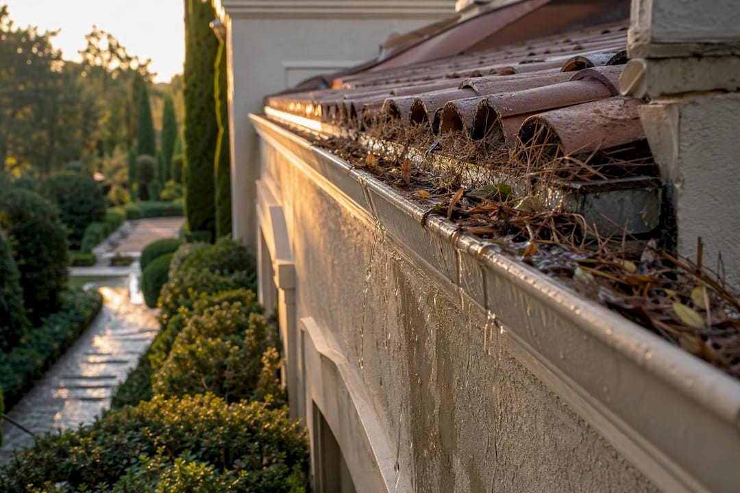 Overflowing water from clogged gutter near foundation