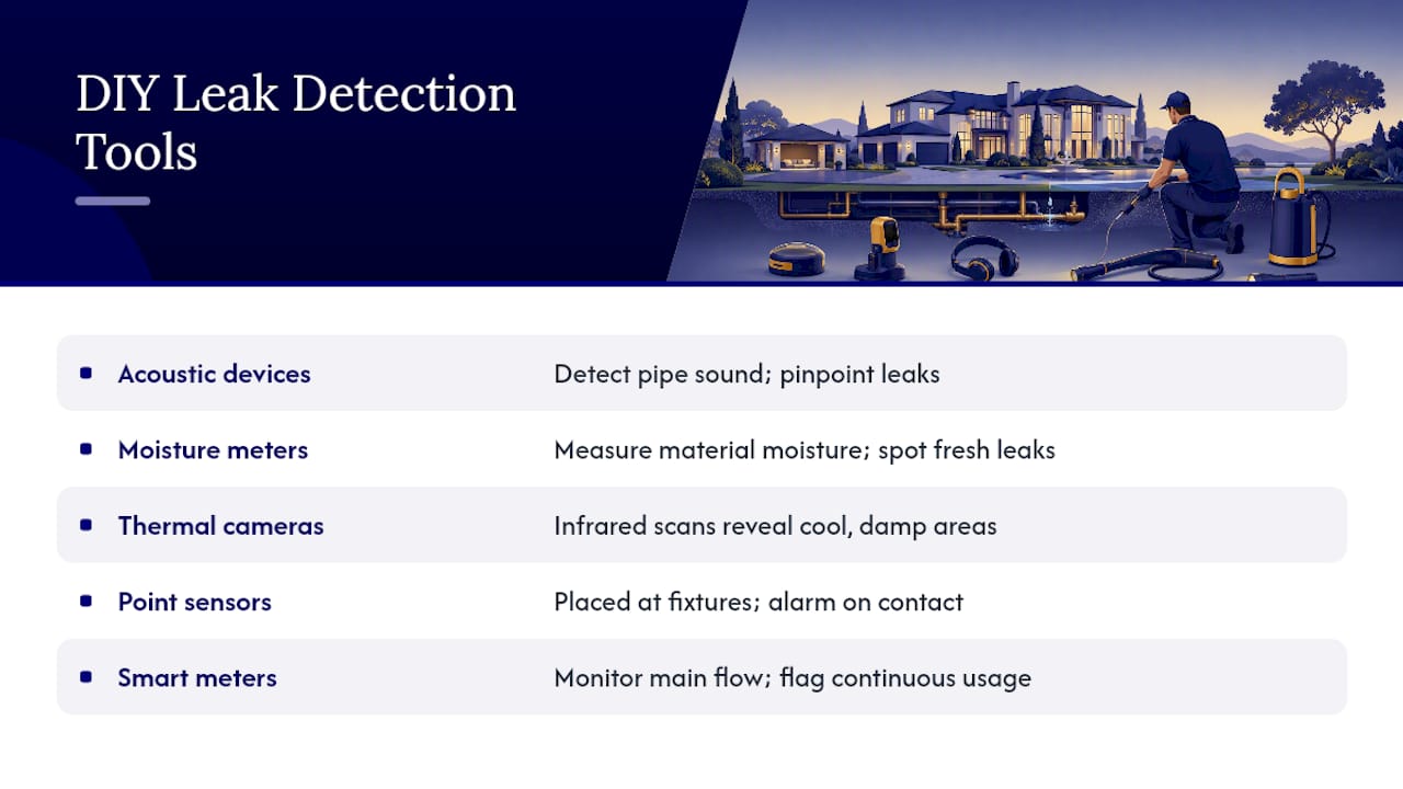 Diagram comparing water leak detection tools and uses