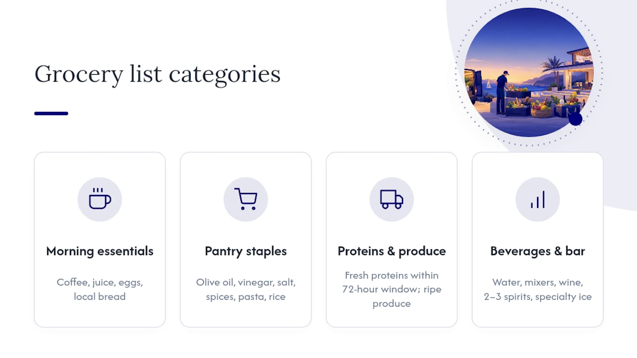 Diagram of six categories for vacation home grocery list