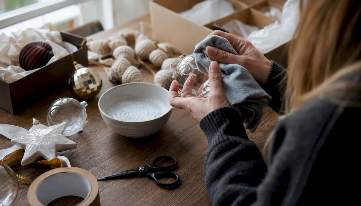 Hands cleaning and repairing holiday decorations