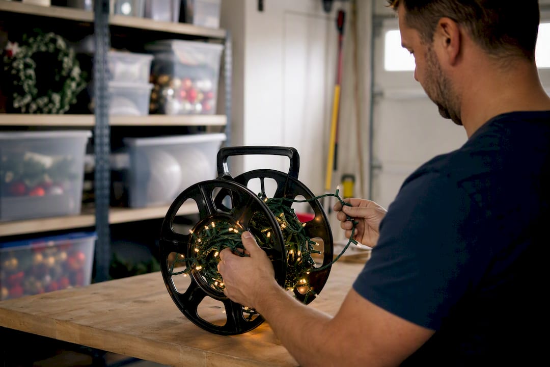 Hands wrapping holiday lights on cord reel