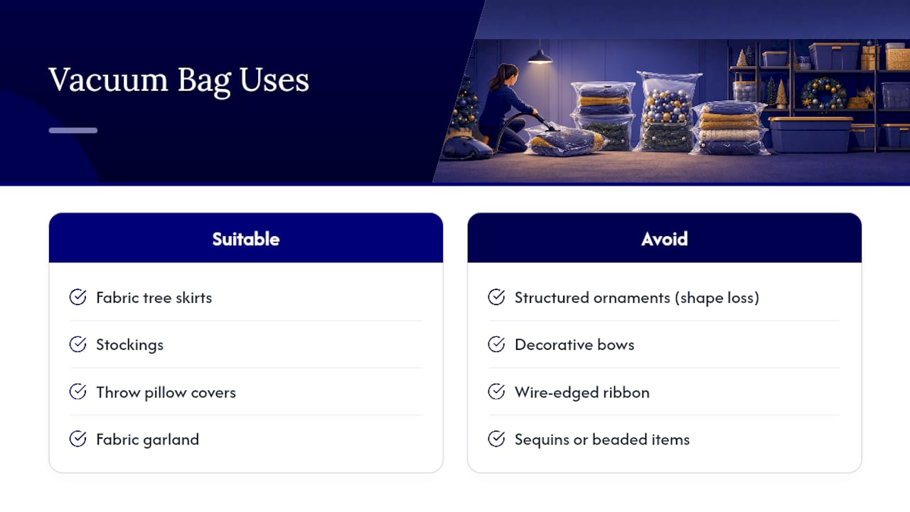 Diagram of vacuum storage bag suitability for holiday decor