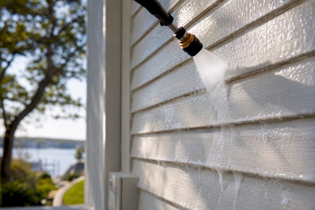 Soft wash cleaning solution on painted siding