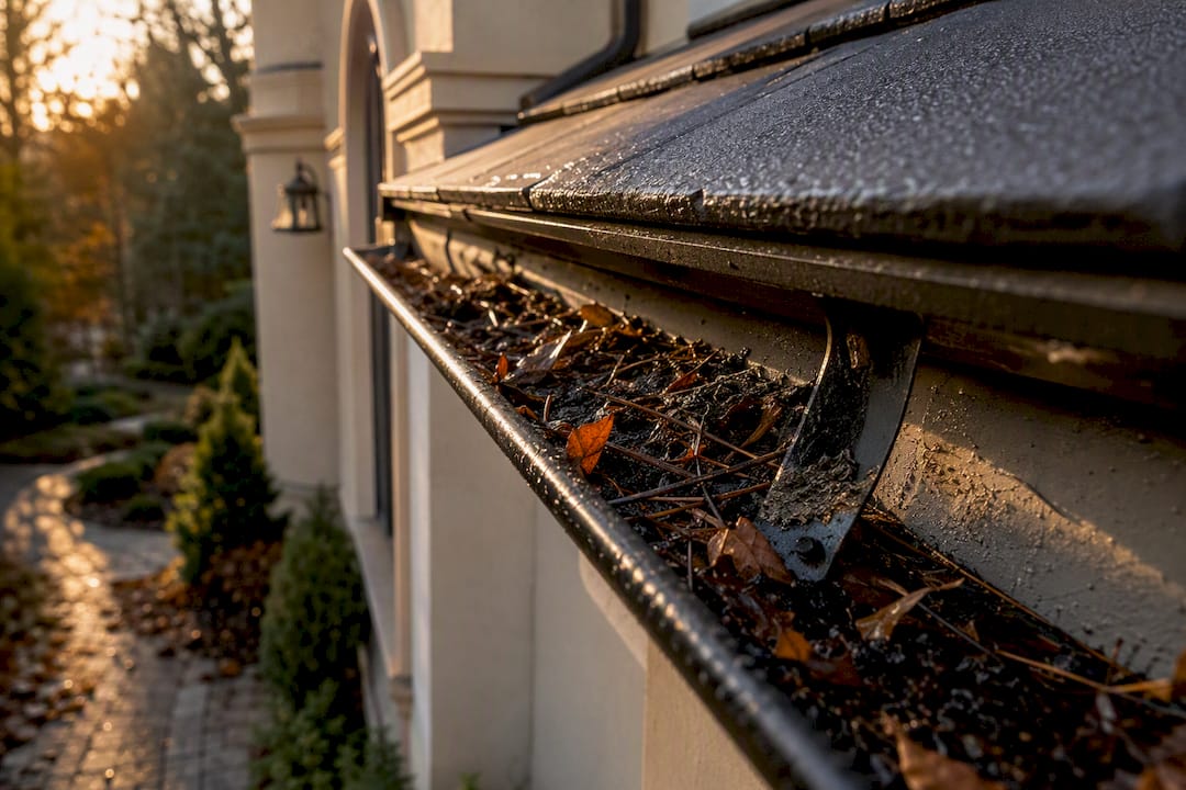 Storm debris clogged gutter close-up view