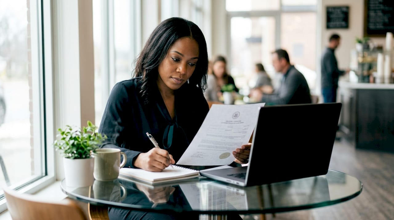 IT officer reviewing compliance certification papers