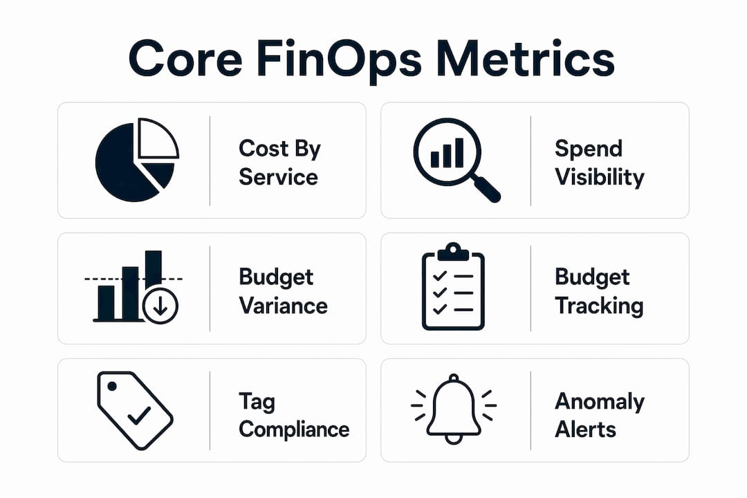 Infographic showing essential FinOps dashboard metrics