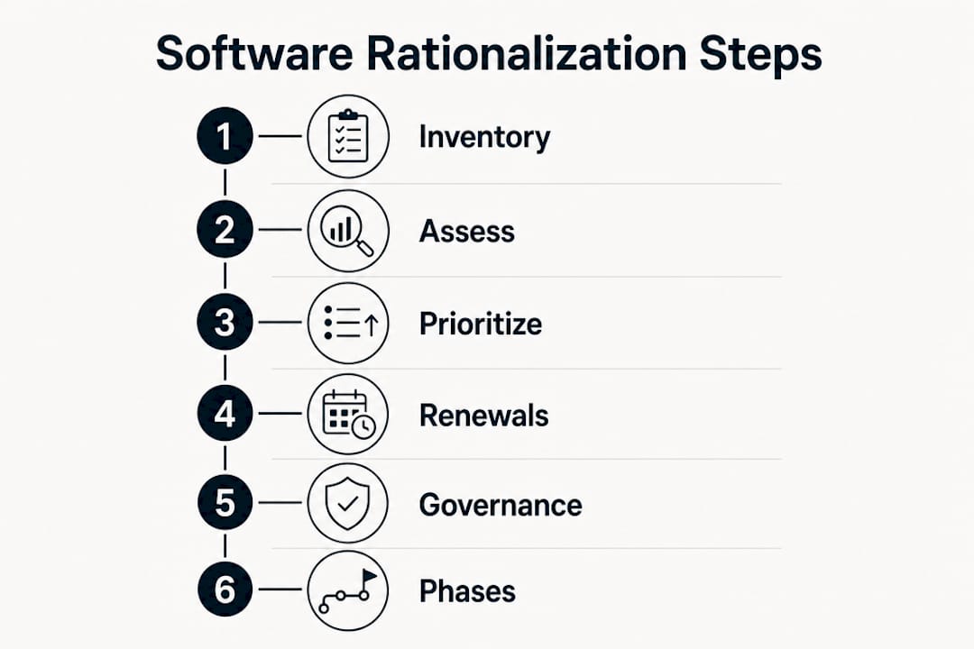 Infographic illustrating six key software rationalization steps