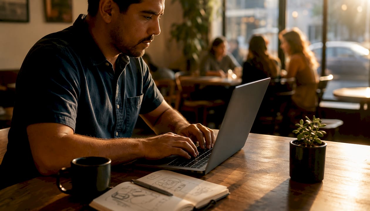 Hands typing on laptop representing AI governance