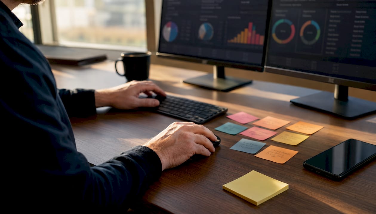 Engineer working on cloud cost dashboards from overhead