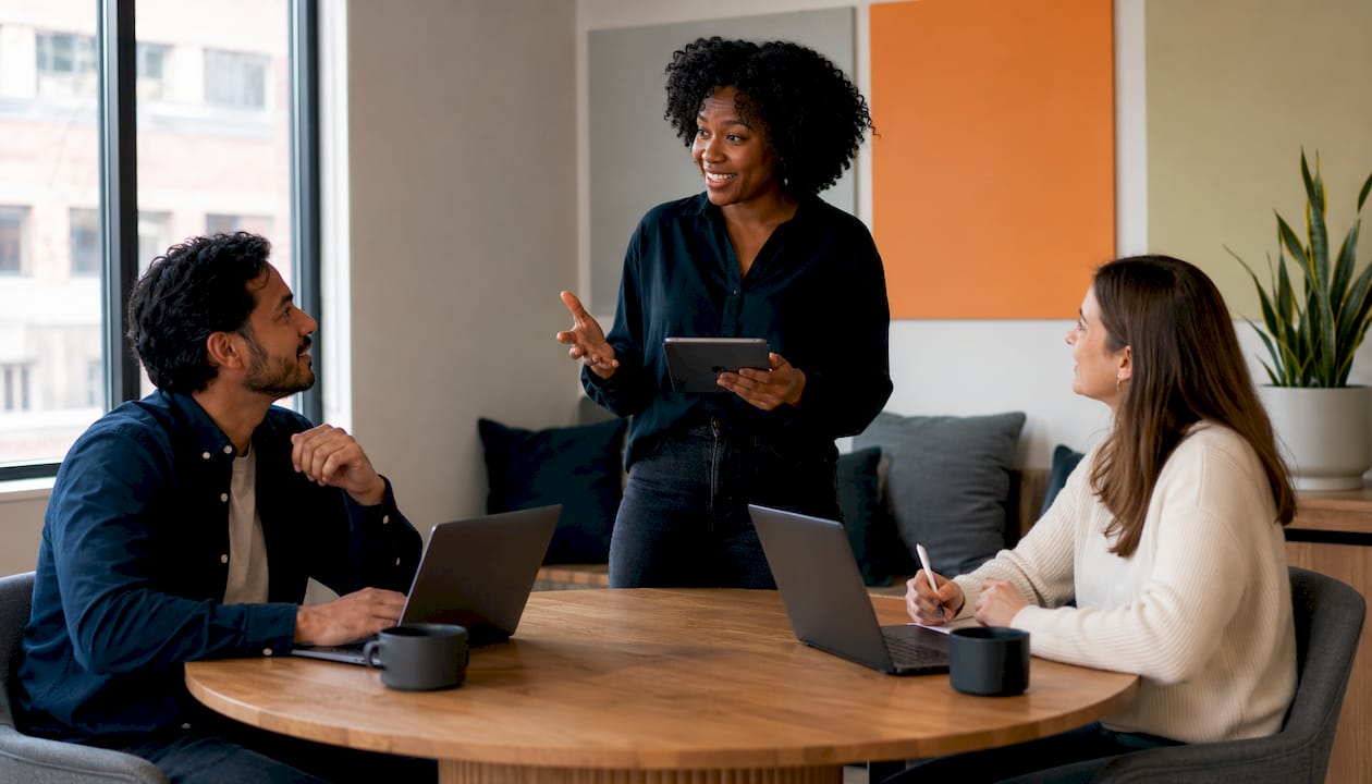 Cross-functional team collaborating on FinOps strategy in office