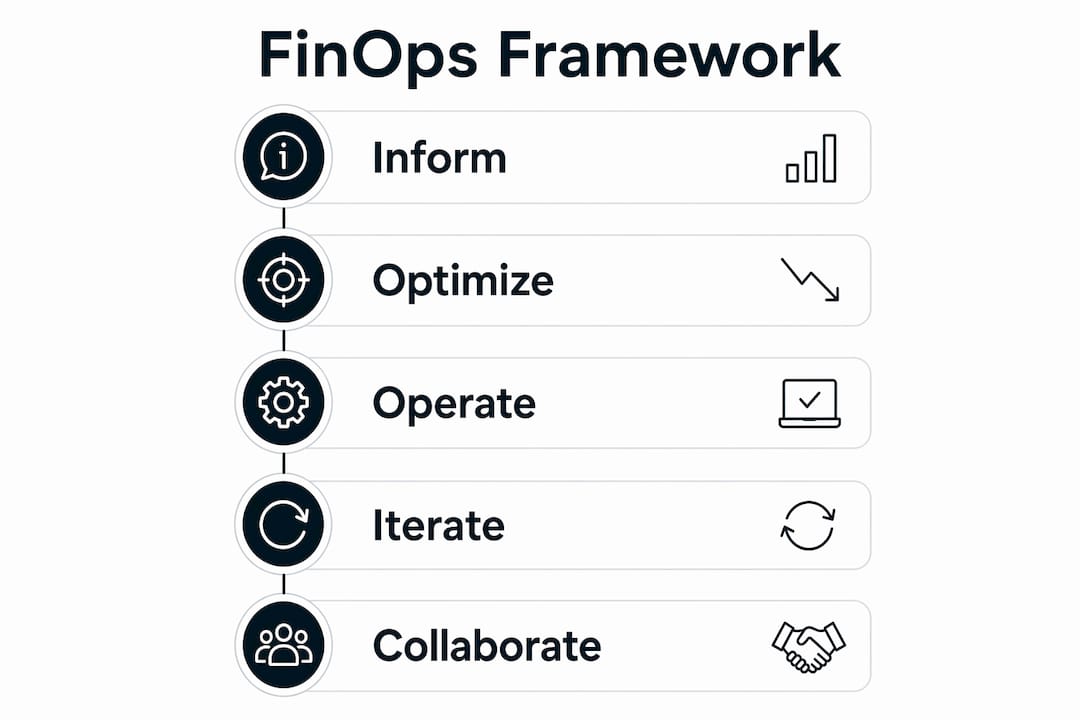 Infographic illustrating FinOps framework phases and principles