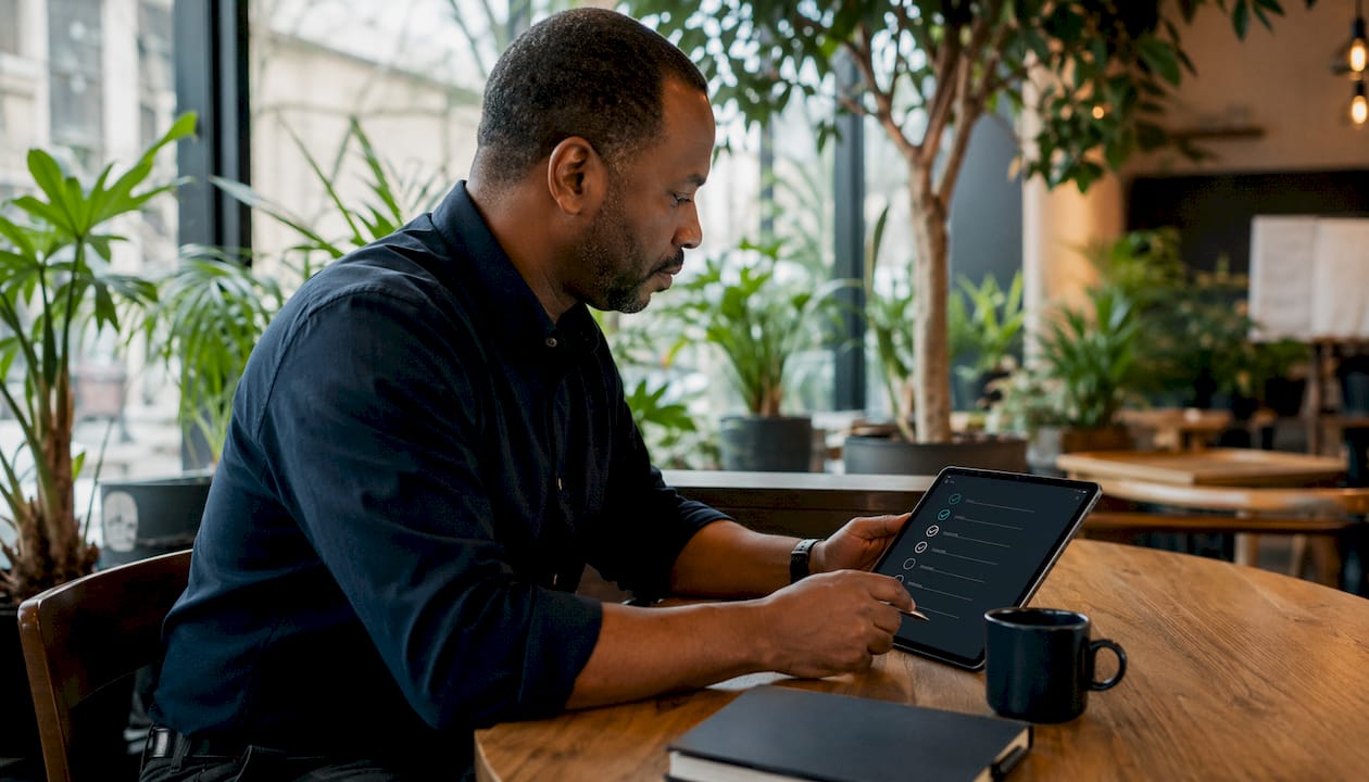Over-shoulder view of man using tablet with checklist
