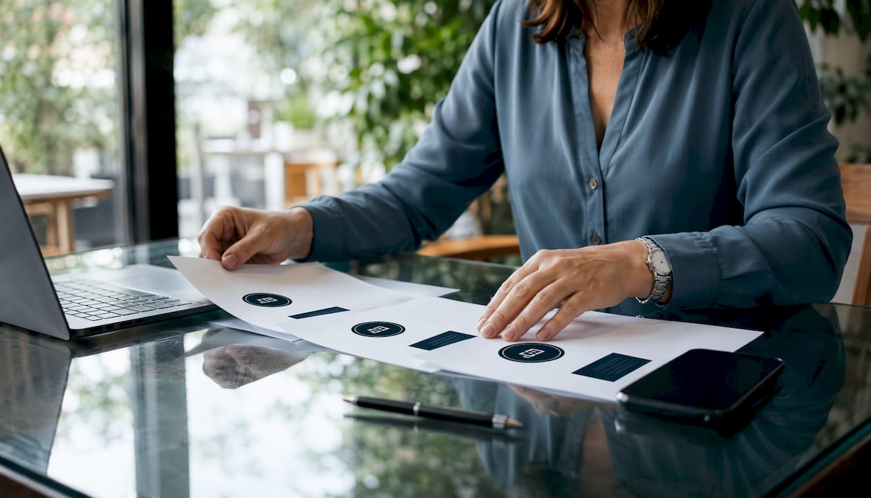 Hands arranging AI governance framework documents