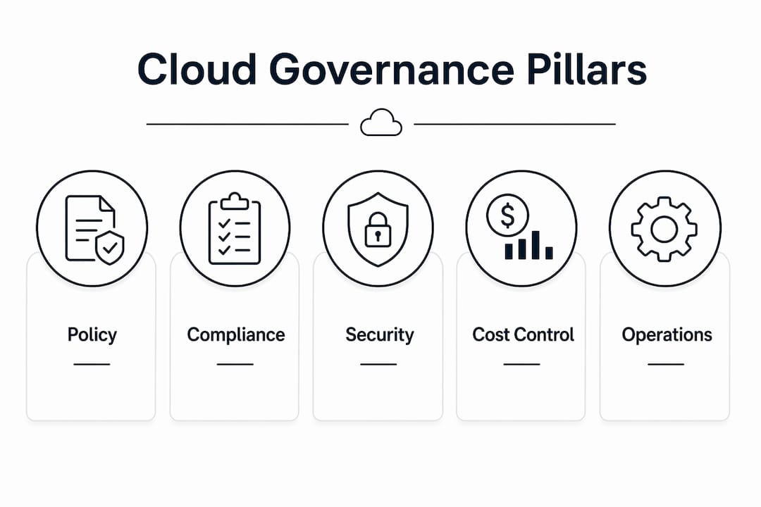 Infographic displaying the core pillars of cloud governance