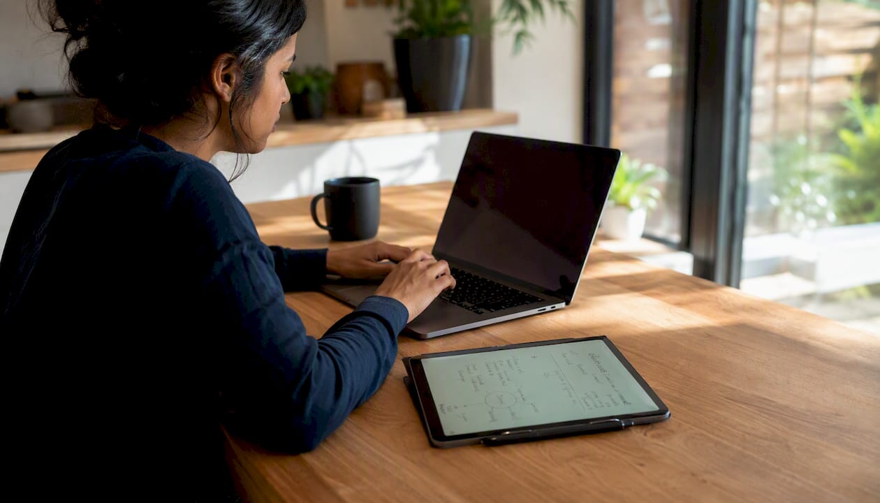Hands typing on laptop at cost optimization desk