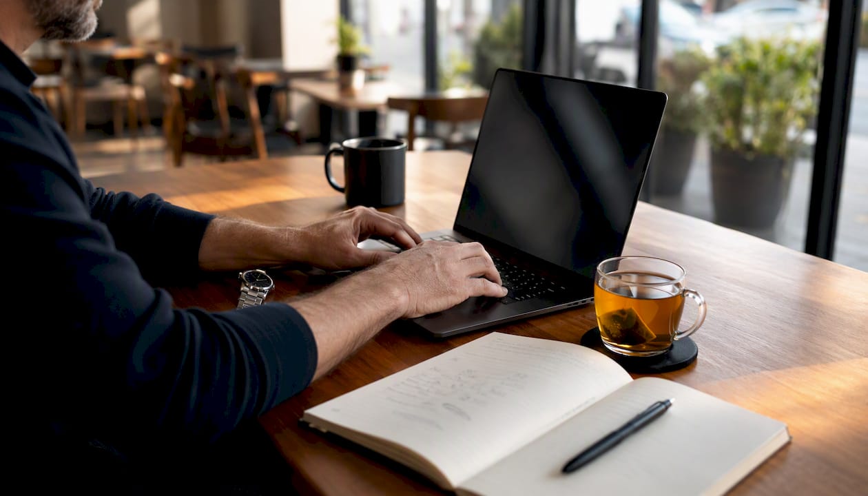 Close-up of hands typing on laptop in office