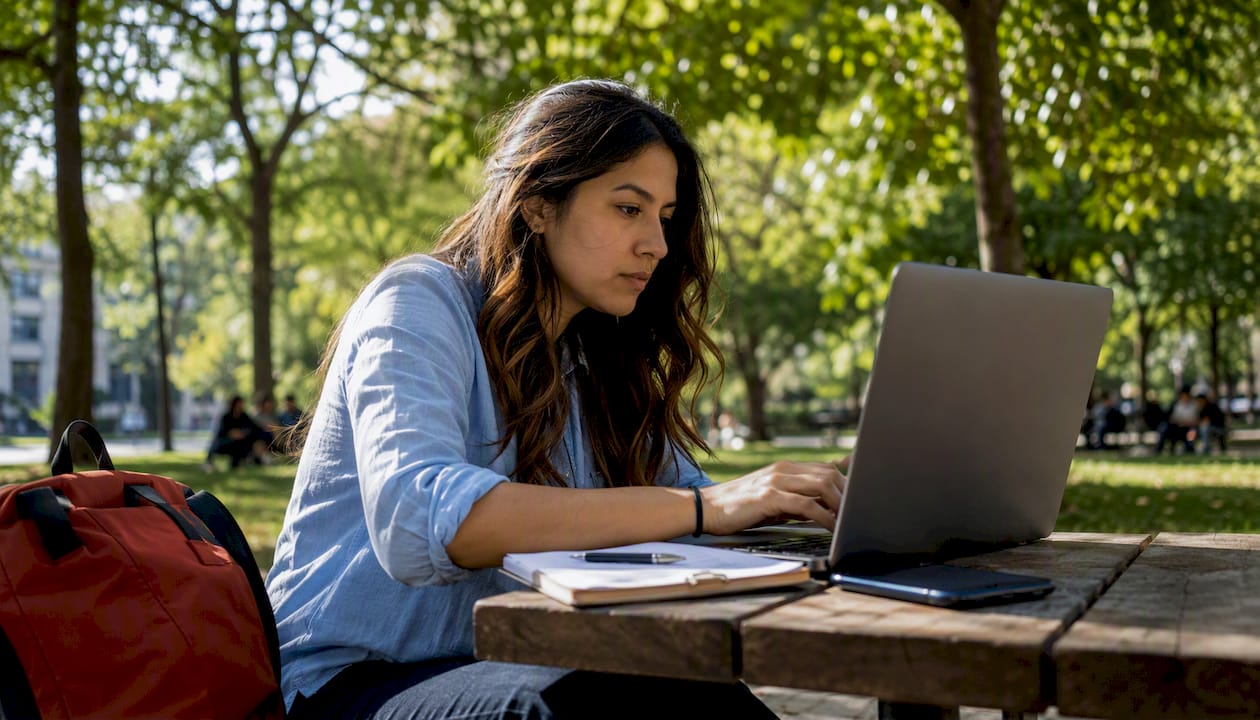 Over-shoulder view of woman working on AI platform