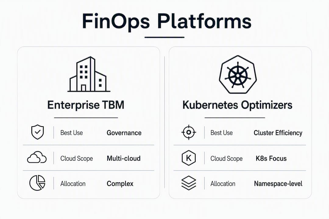 Infographic comparing FinOps platform categories and features