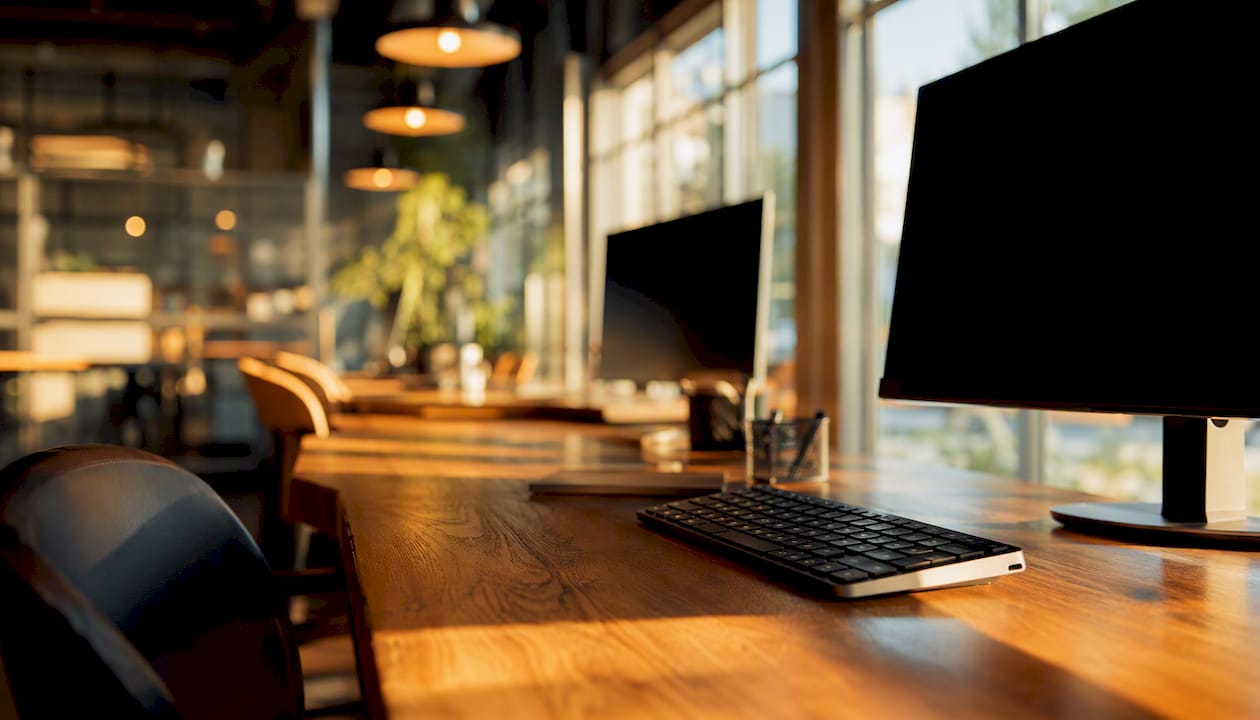 Abstract office tech workspace with dark screens